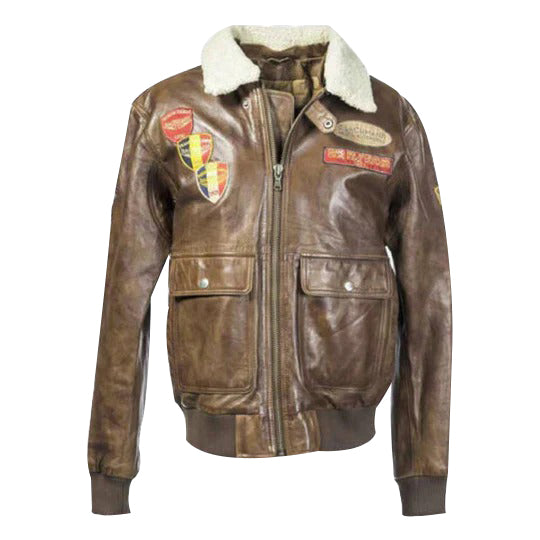 Mens Brown Leather Aviator Jacket With Badges