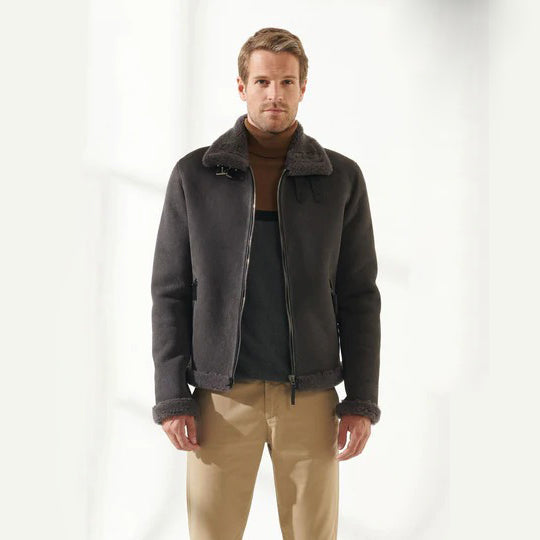 Mens Aviator Grey Shearling Jacket