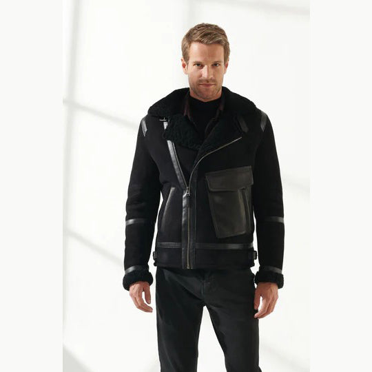 Mens Aviator Black Shearling Jacket