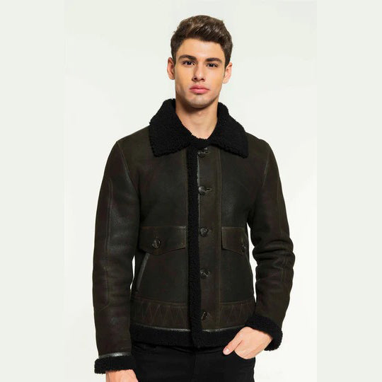 Mens Aviator Dark Green & Black Shearling Jacket