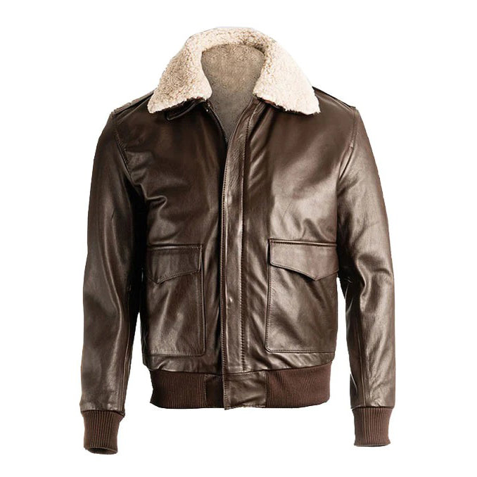 Mens Brown Pilot Bomber Shearling Jacket