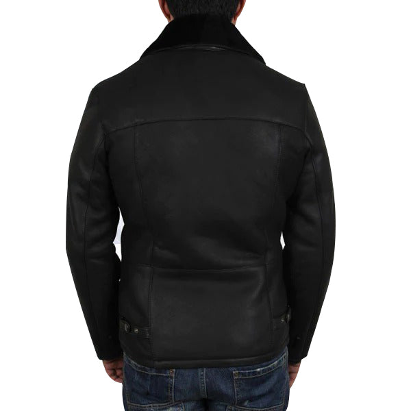 ﻿Mens Luxury Aviator Black Leather Shearling Sheepskin Flying Coat