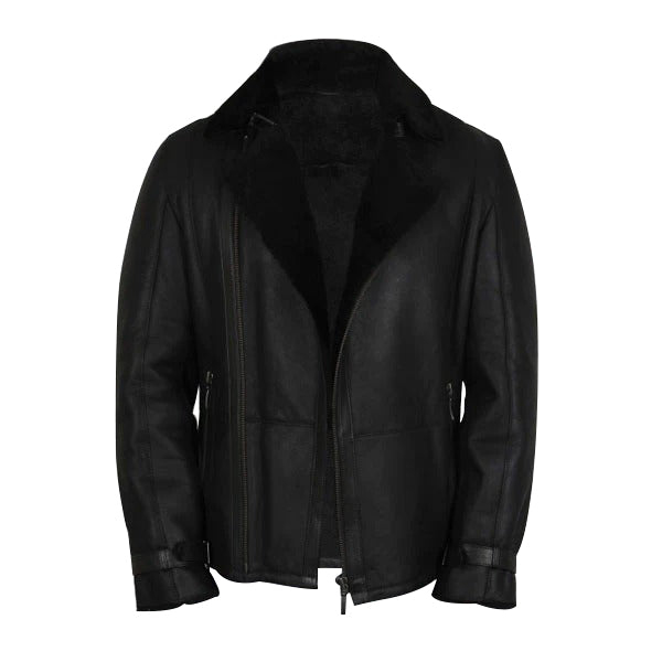 ﻿Mens Luxury Aviator Black Leather Shearling Sheepskin Flying Coat