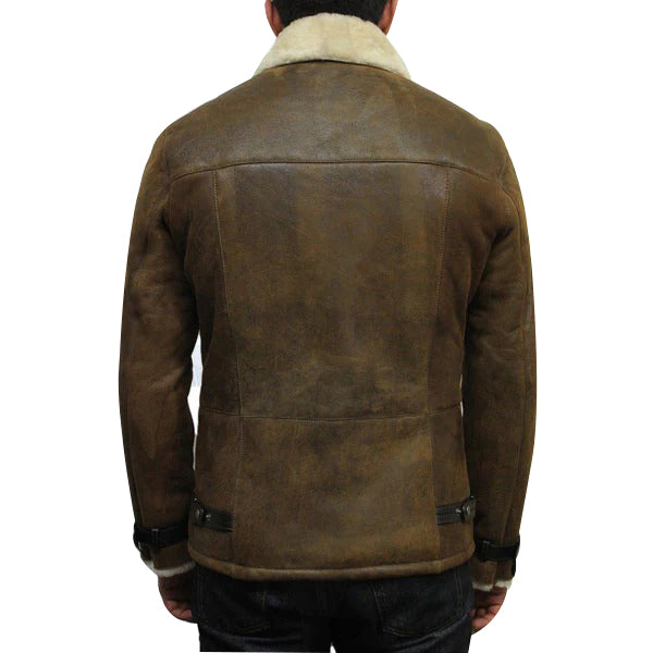 Mens Luxury Shearling Sheepskin Aviator Rust Brown Leather Flying Jacket Coat