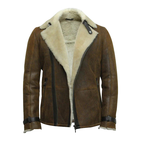 Mens Luxury Shearling Sheepskin Aviator Rust Brown Leather Flying Jacket Coat