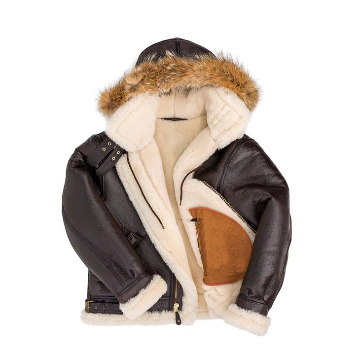 Mens B3 Shearling Fur Hoodie Style Bomber Coat