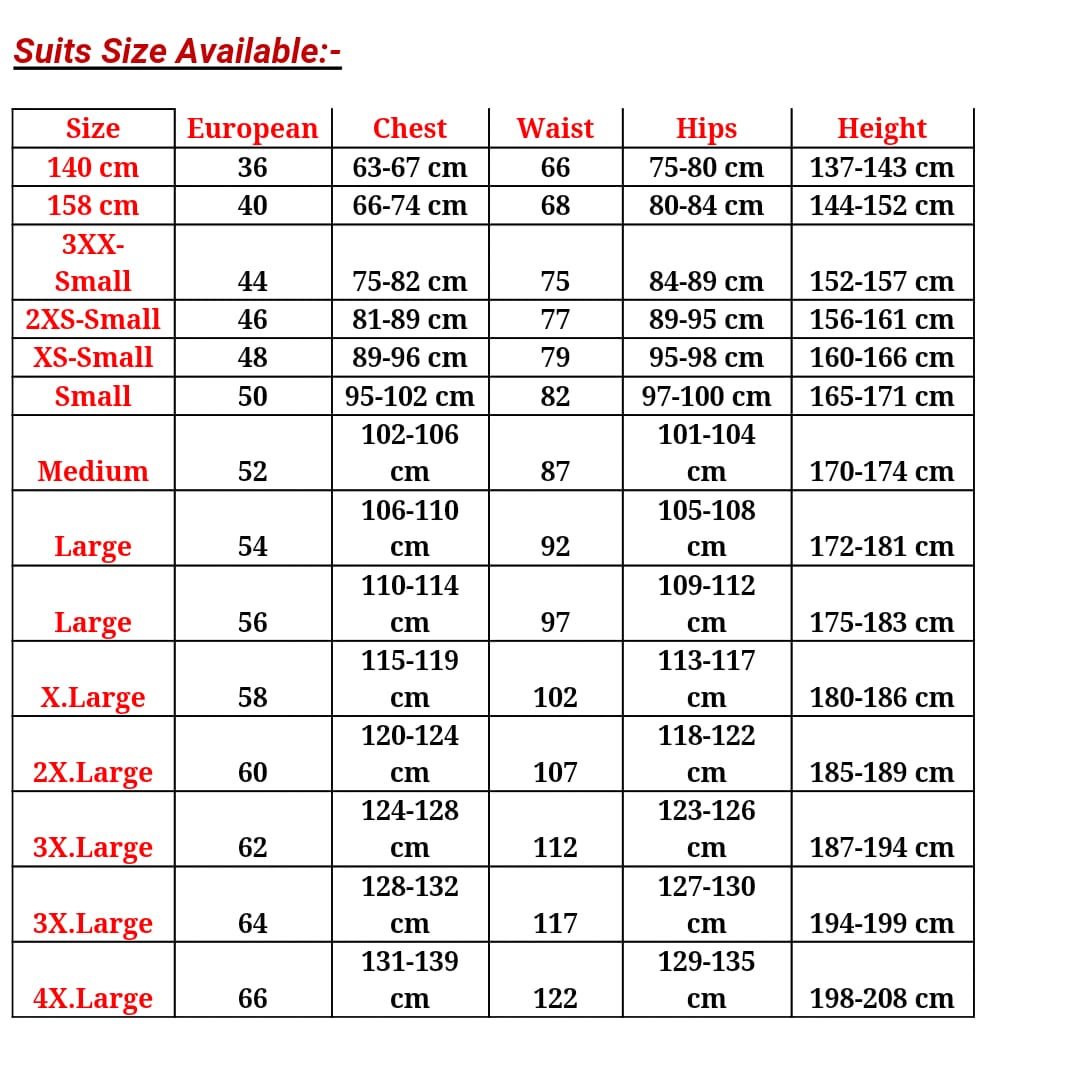 Rental Kart Suit Size Chart