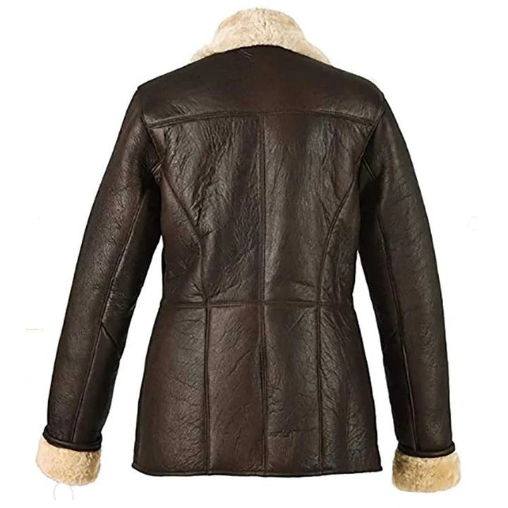Women Dark Brown Fur Collar Aviator Leather Jacket for sale