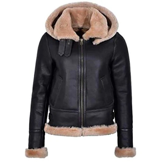 ﻿Women Hooded Flying Aviator Leather Jacket