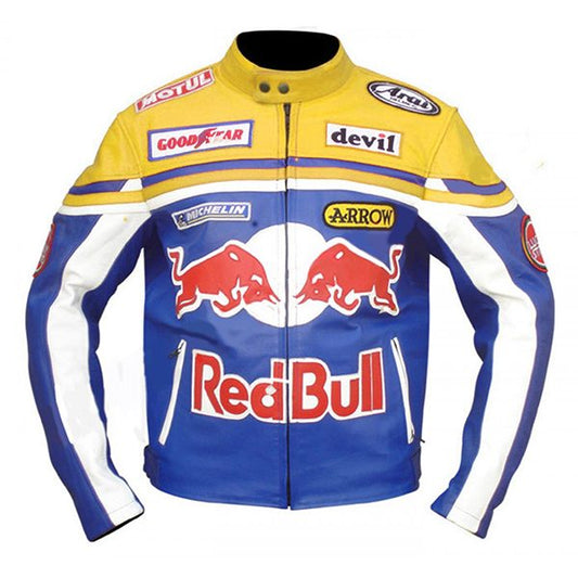 Yellow Red Bull Motor Biker Leather Jacket